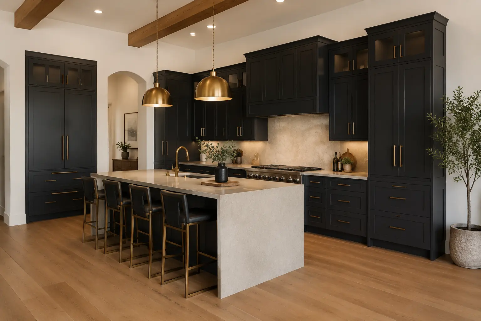 Charcoal gray kitchen cabinets with warm ivory walls in a luxury kitchen