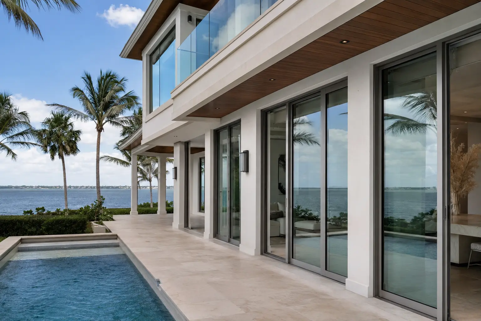 Coastal luxury home with large impact-style aluminum windows and sliding doors