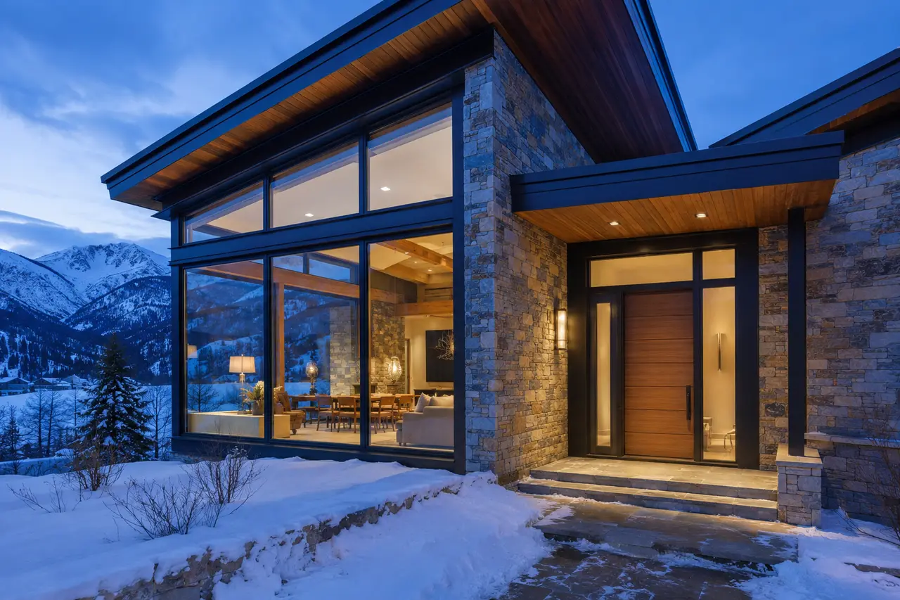 Cold-climate luxury mountain home with insulated windows and entry door