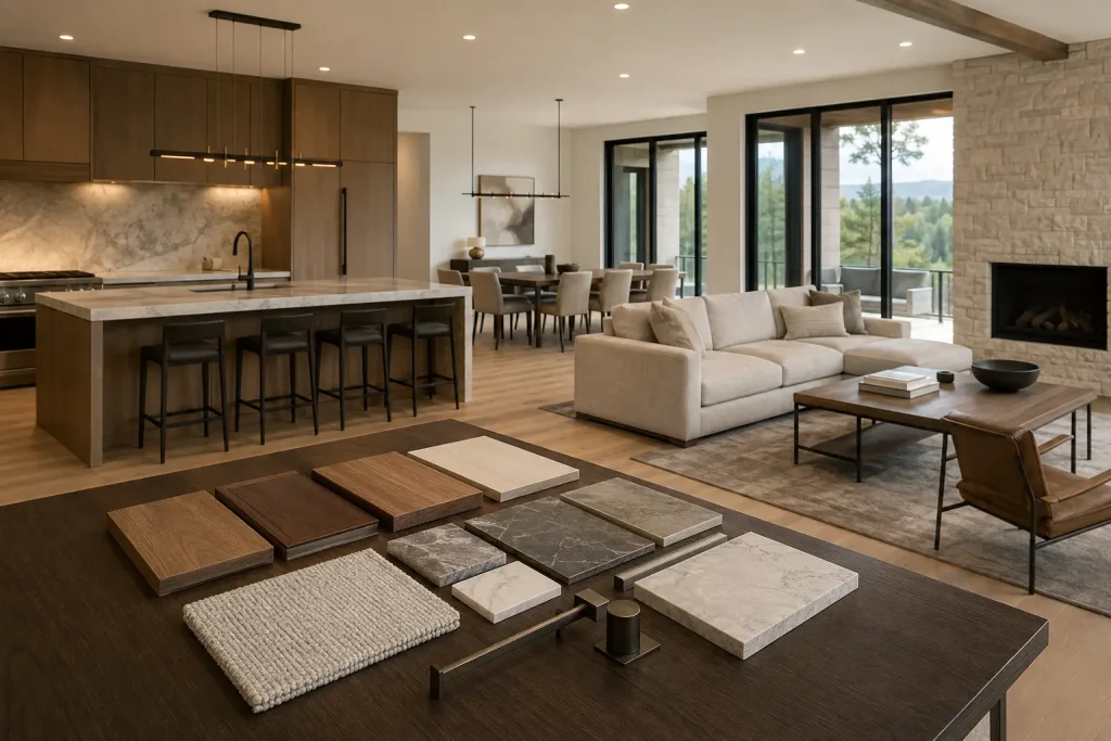 Complete luxury home material package with coordinated cabinetry, stone, furniture and lighting