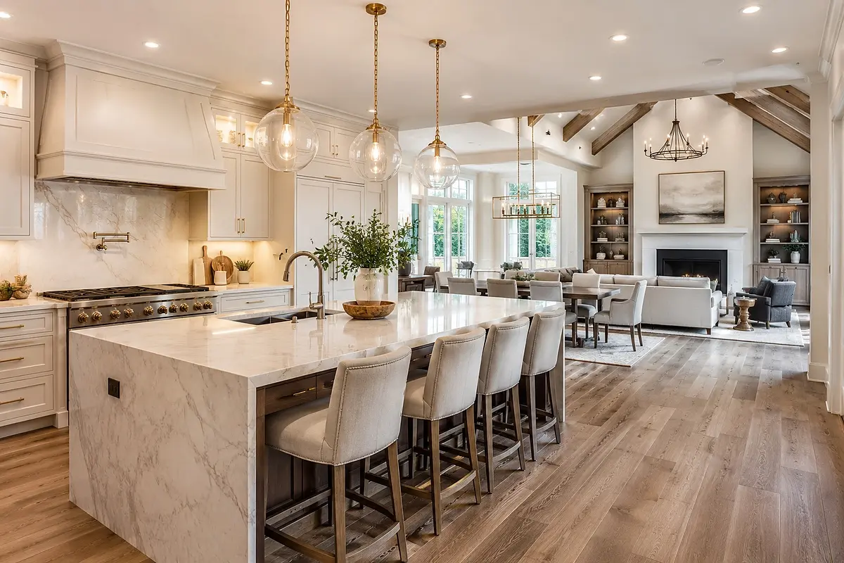 Custom luxury kitchen cabinetry with coordinated stone, wood, and lighting