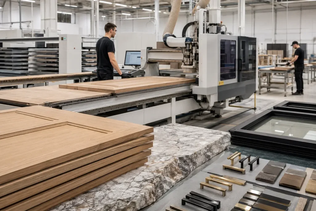 Precision production of cabinetry, stone, window frames and hardware for a whole home