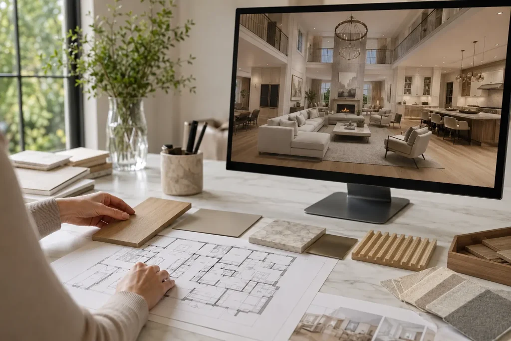 Designer comparing a home floor plan, material samples and a 3D interior rendering