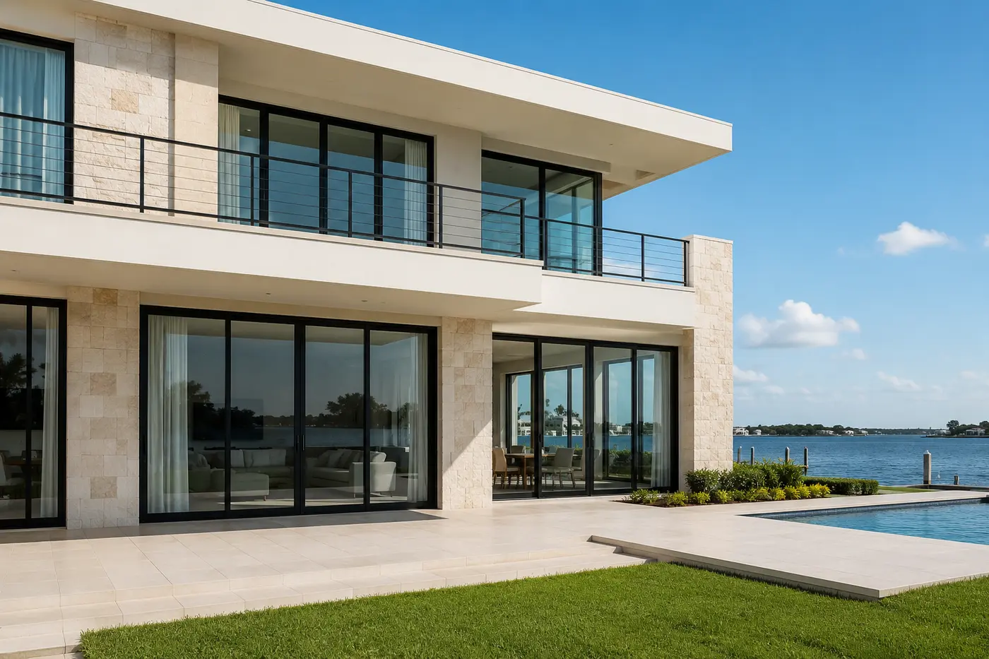 Florida luxury coastal home with hurricane impact windows and sliding doors