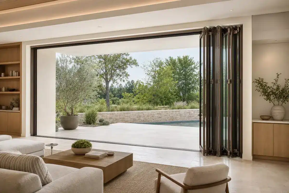 Folding glass door panels stacked beside a wide clear opening
