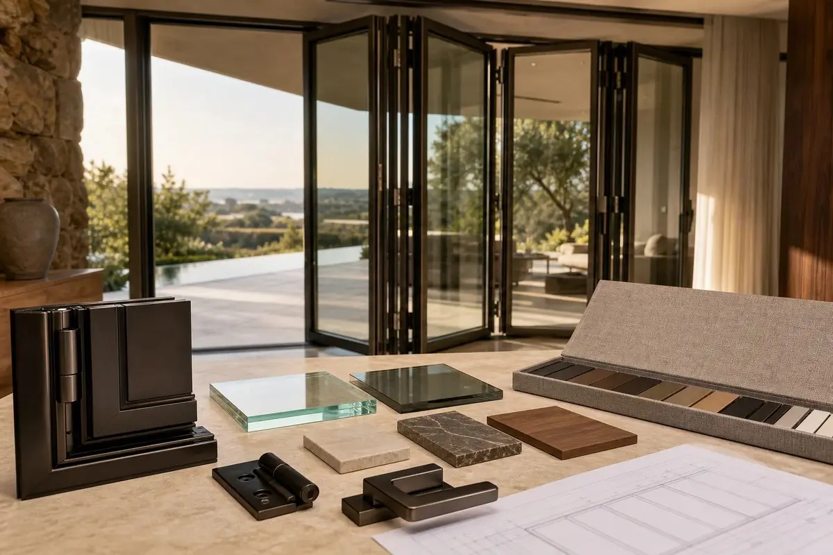 Folding door frame, hardware, glass, and finish samples for approval