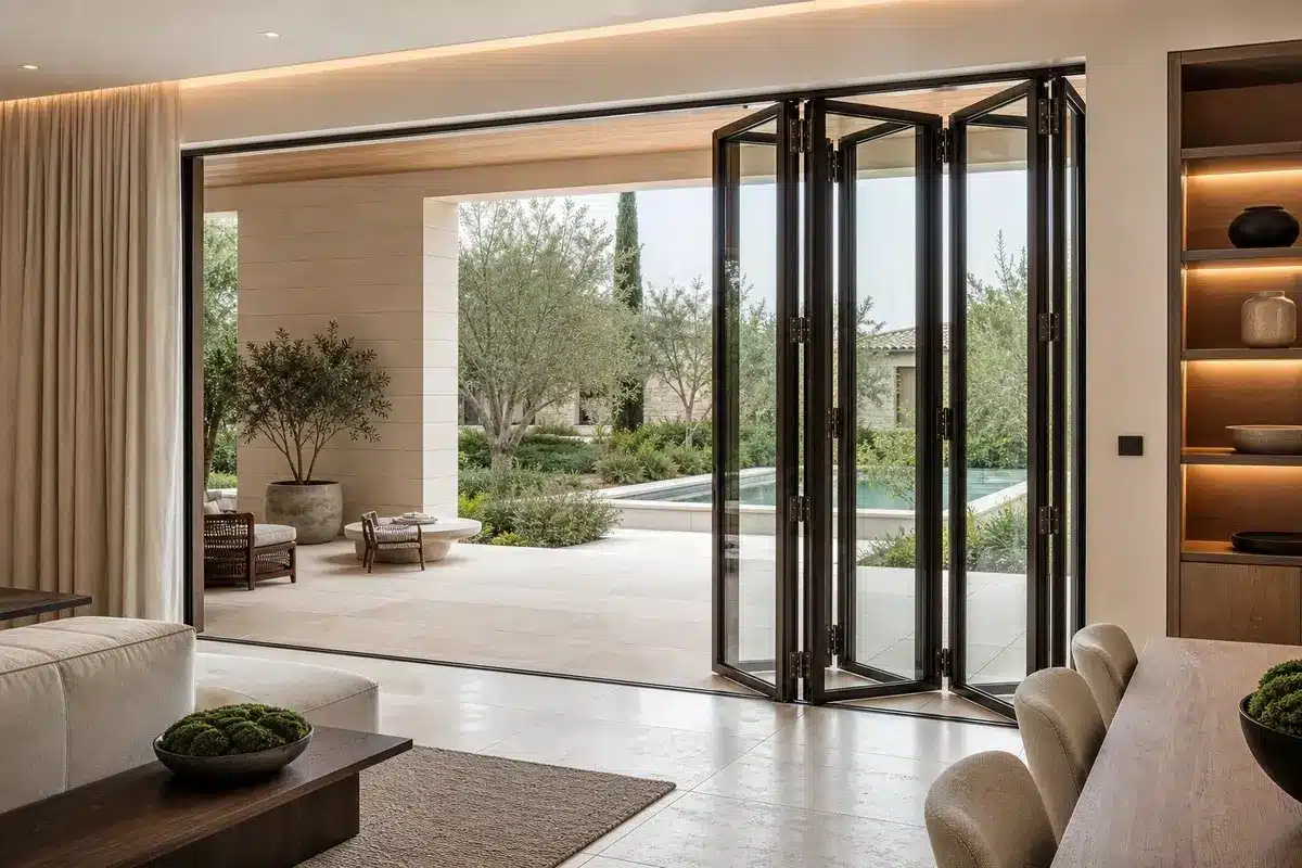 Luxury living room with folding glass doors opened toward the terrace