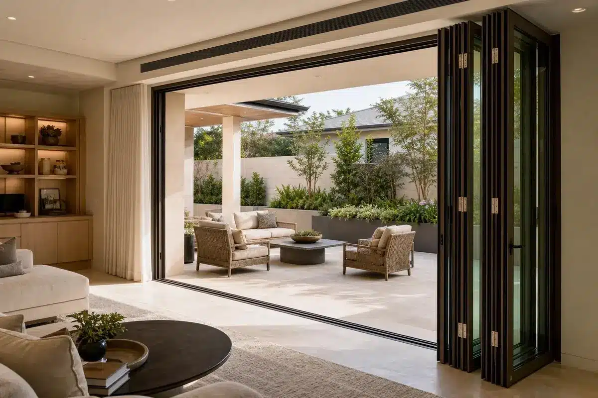 Folding door system connecting a luxury residence with an outdoor patio