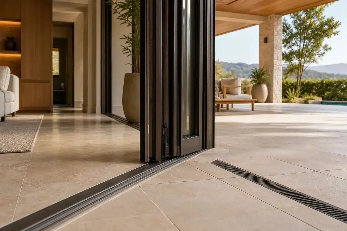 Low folding door threshold with integrated drainage channel