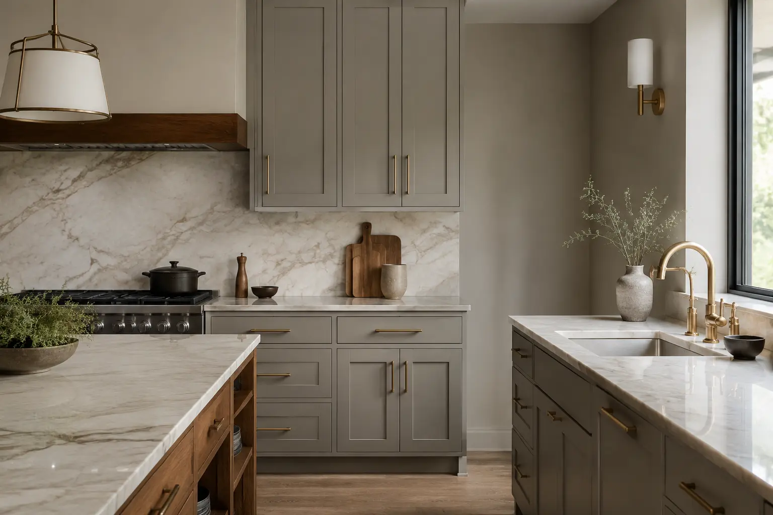 Greige walls with gray cabinets, Taj Mahal quartzite and walnut accents