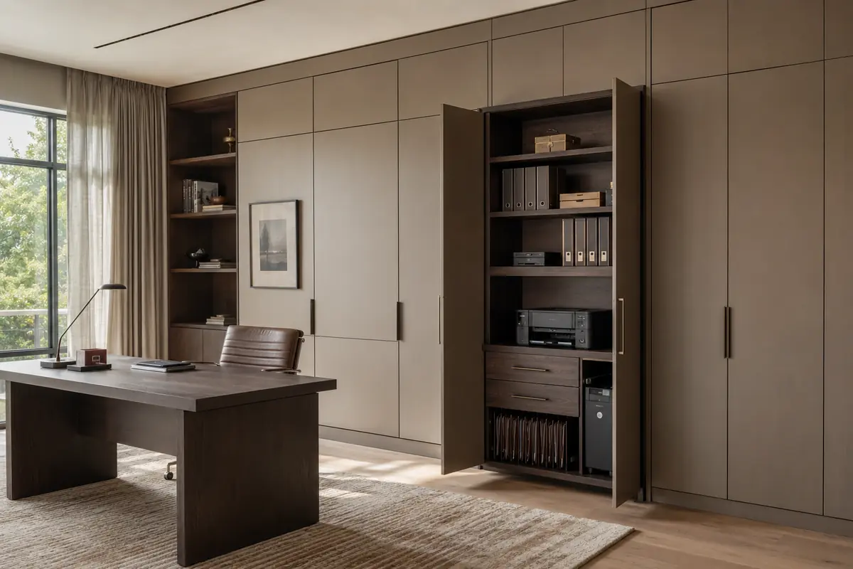 Home office with concealed built-in storage