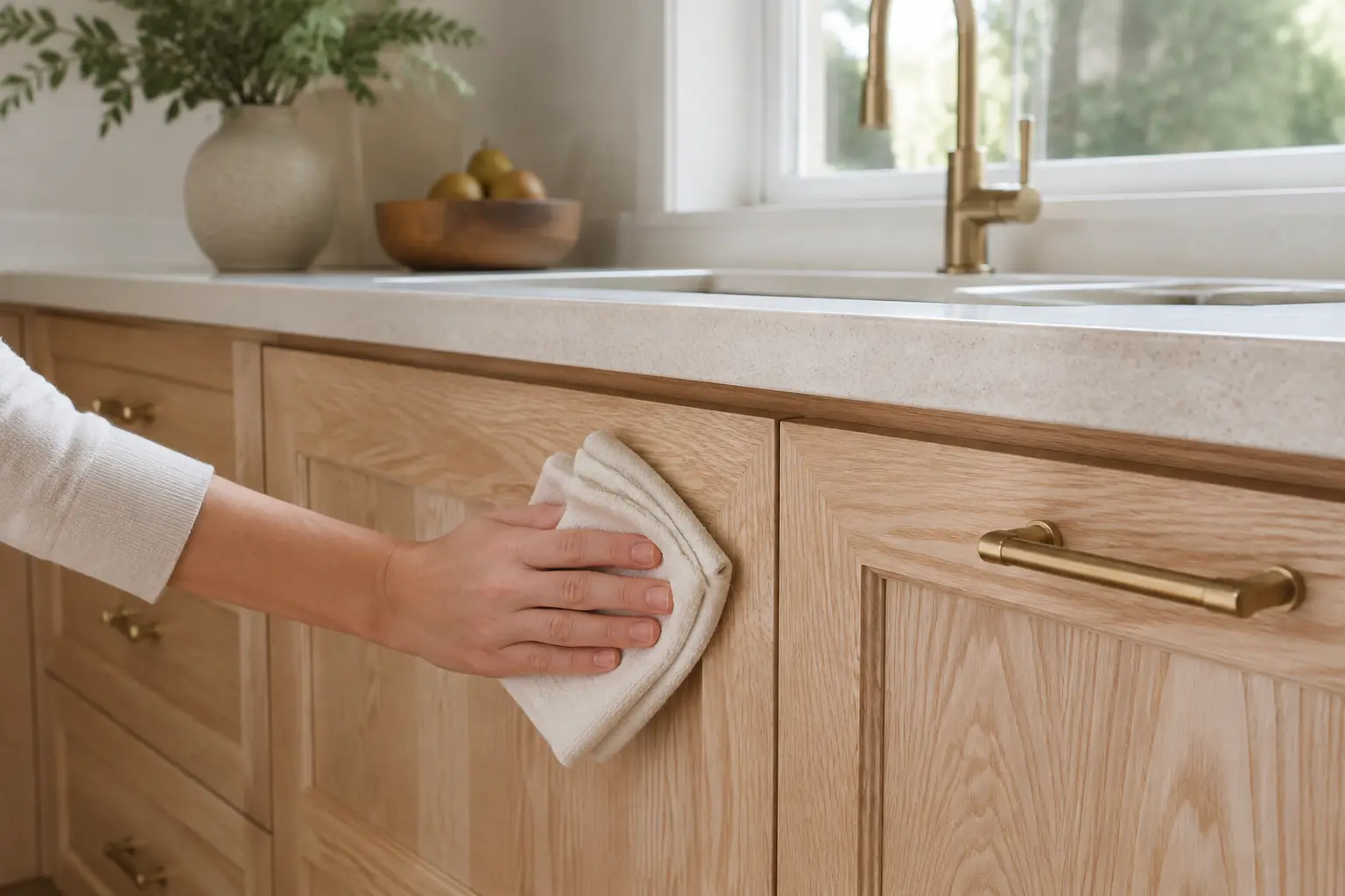 Cleaning natural ash kitchen cabinets with a soft microfiber cloth