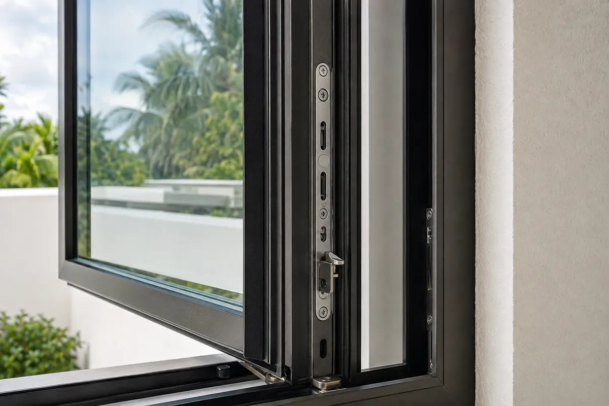 Impact window aluminum frame, laminated glass, seals, and locking hardware