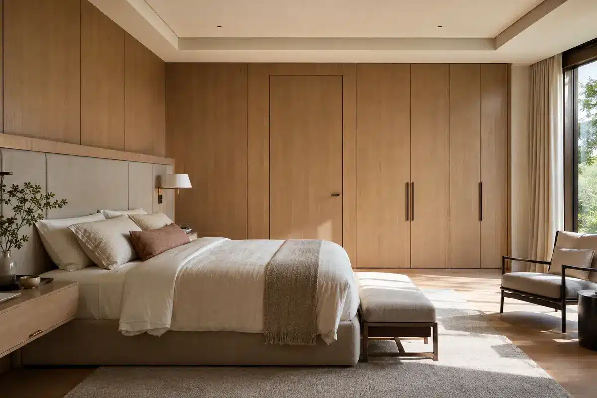 Primary bedroom with integrated wall panels concealed door and wardrobe