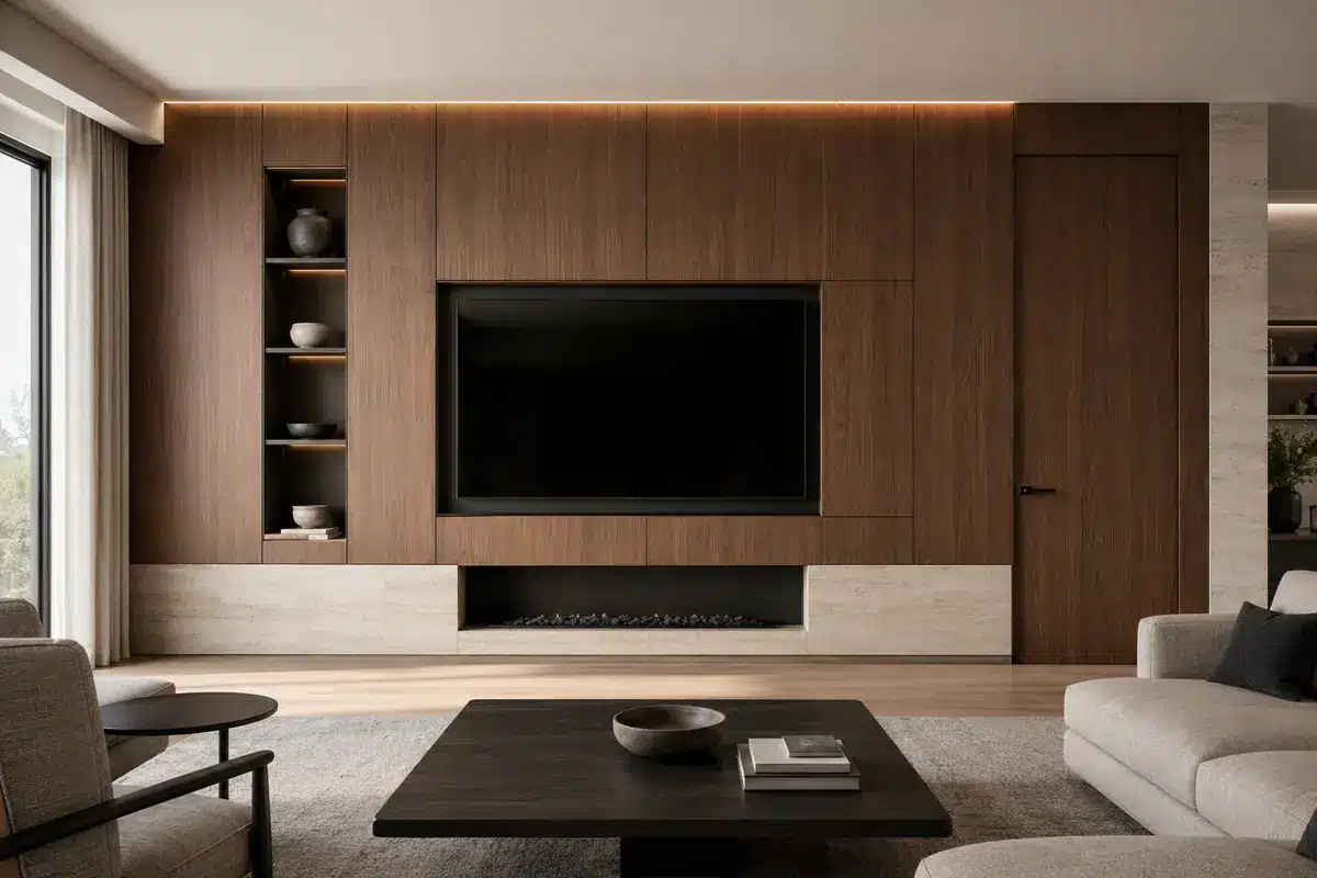 Integrated living room media wall with concealed door and cabinetry
