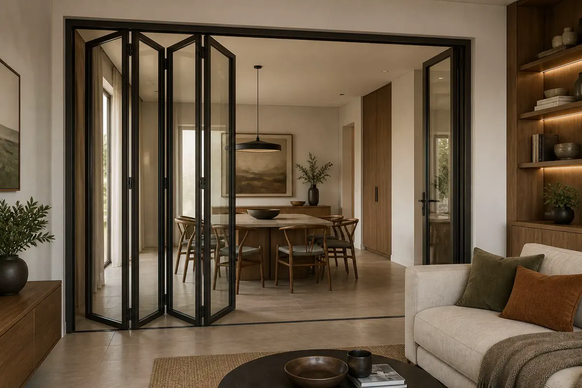 Interior black-framed bifold doors dividing a luxury living and dining room