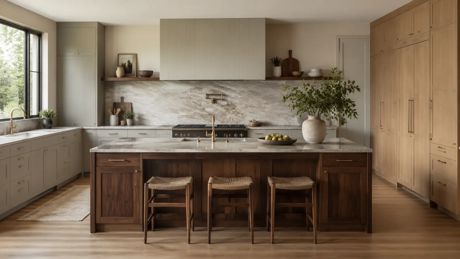 laminate and solid wood kitchen cabinets in a warm modern U.S. home
