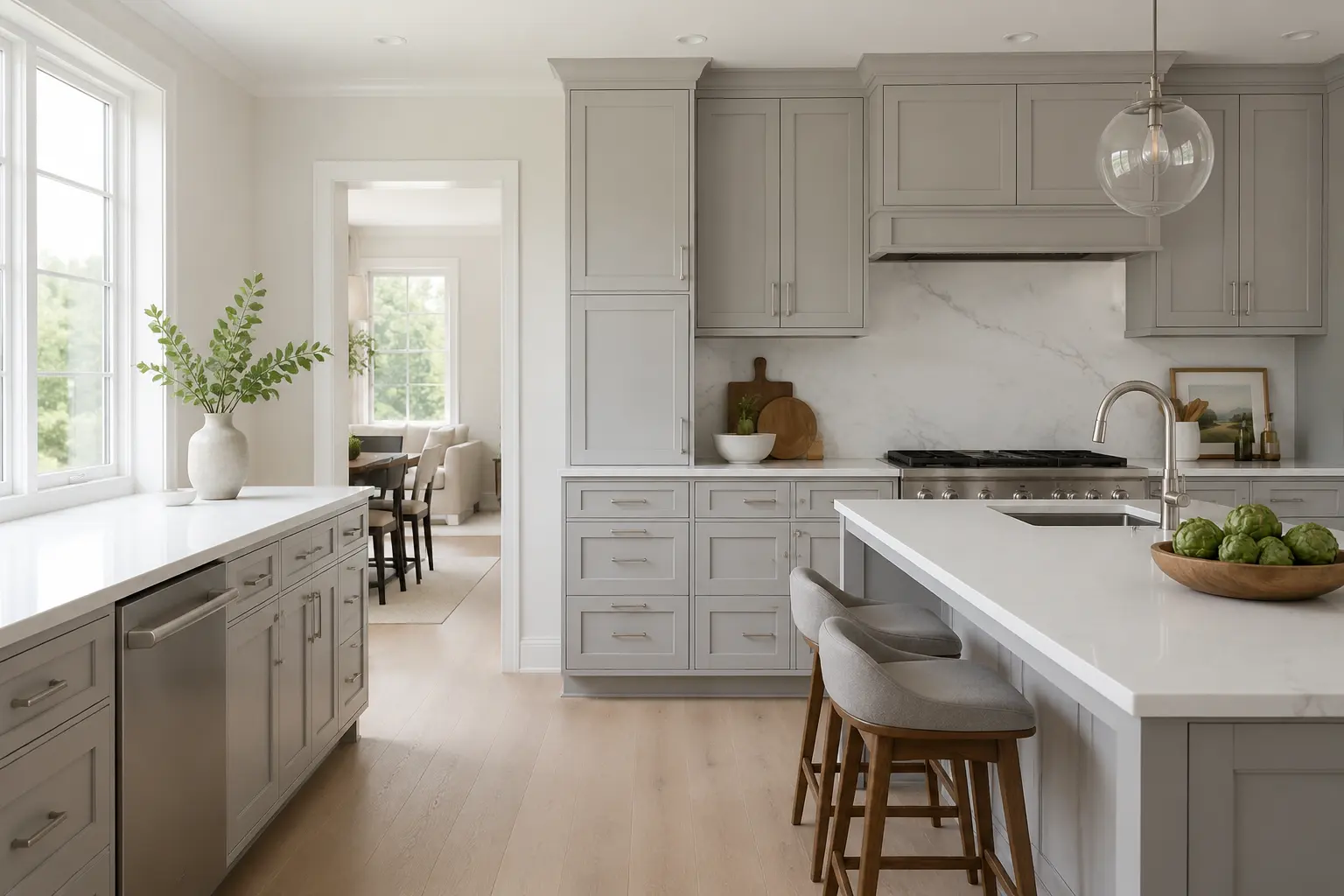 Light gray kitchen cabinets paired with warm white walls and white oak flooring