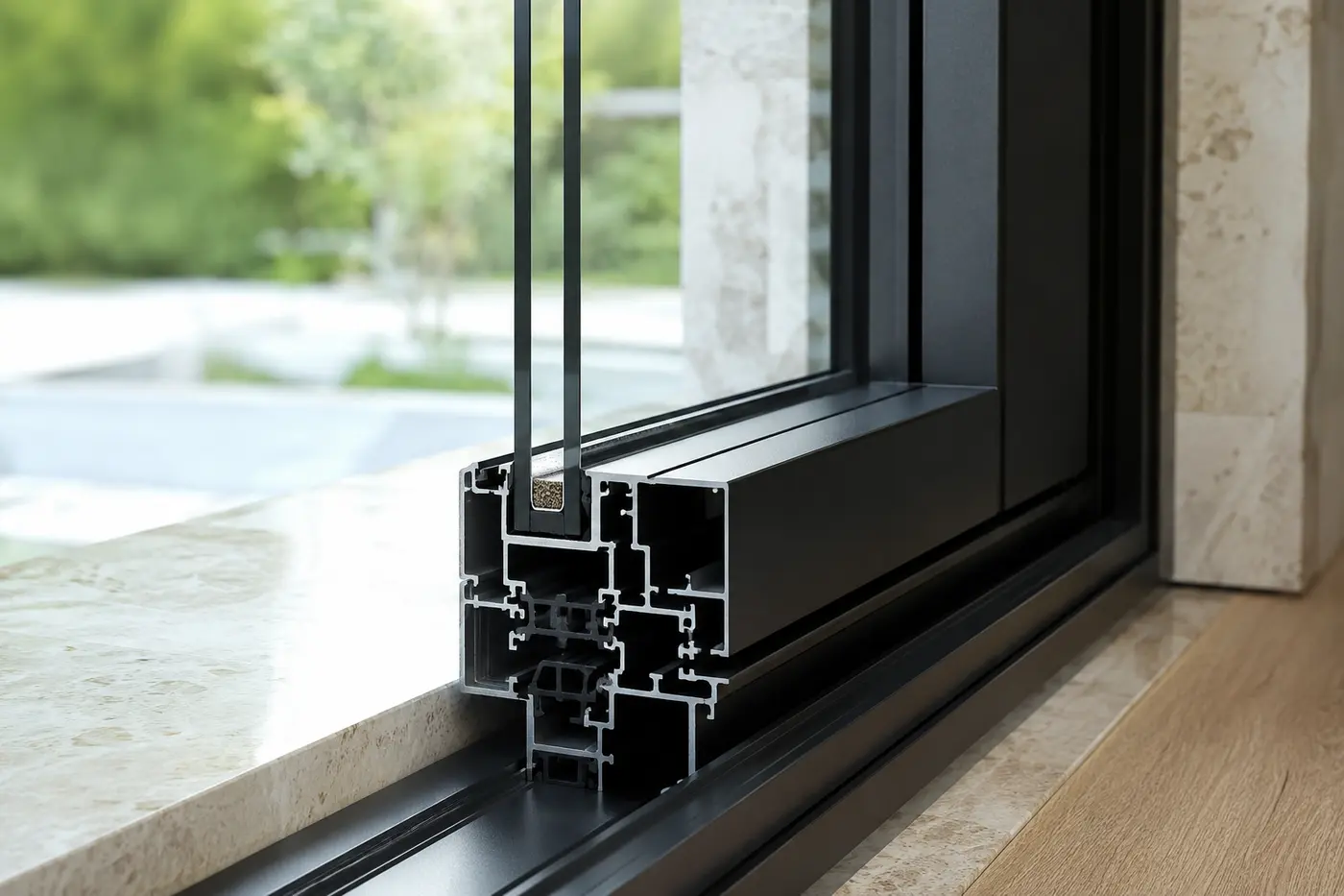 Close-up of Low-E insulated glass in a thermally broken aluminum window
