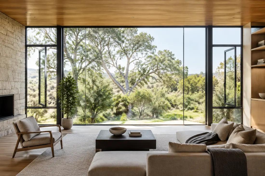 Luxury living room with picture windows and operable black casement windows