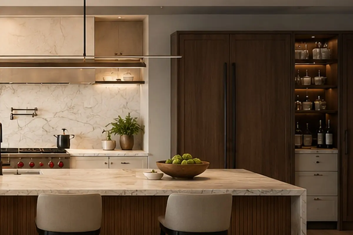 Luxury kitchen in an American home with warm wood cabinetry and natural stone