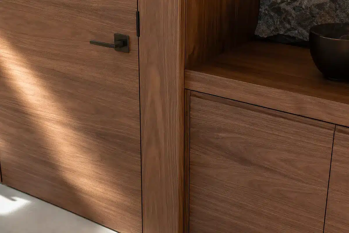 Matched walnut grain and precise shadow gaps between door wall panel and cabinetry