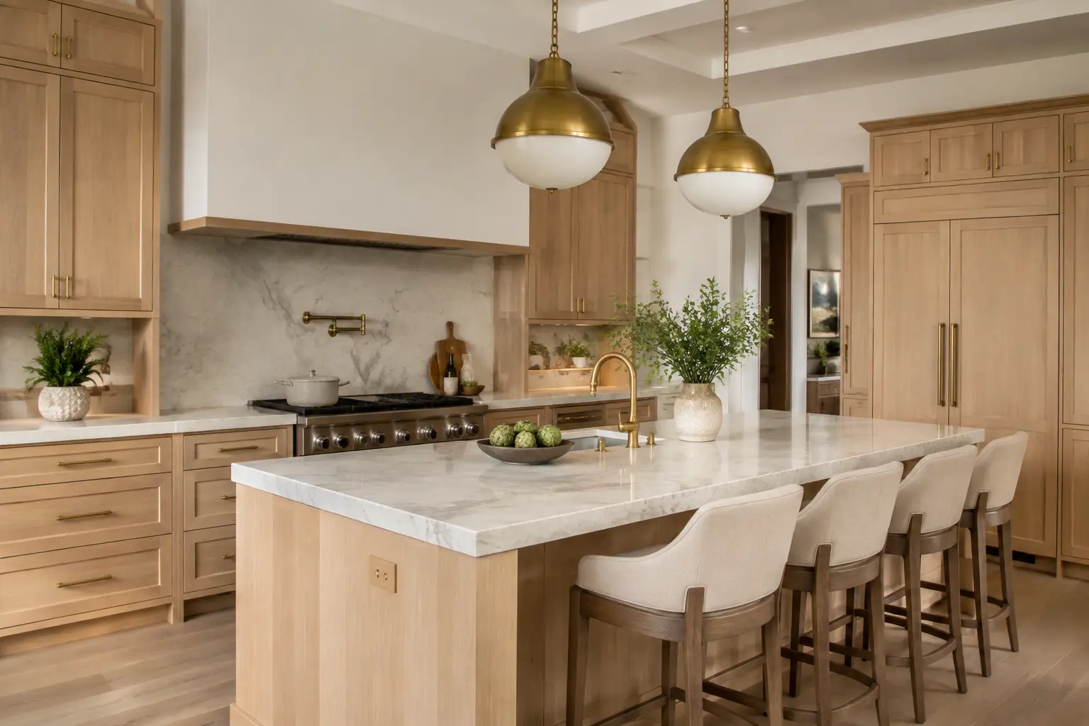Natural ash cabinets paired with Taj Mahal quartzite and brass hardware