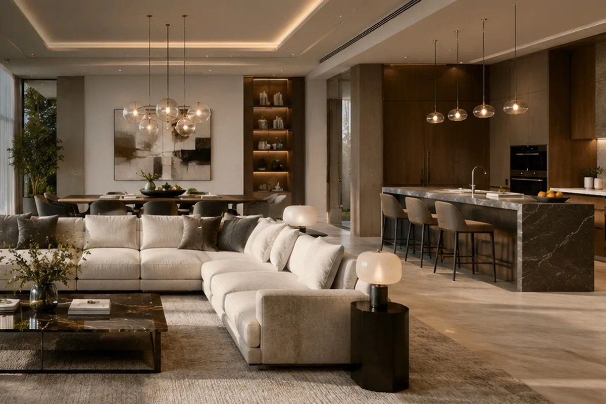 Open concept living room, dining area, and kitchen in a luxury home