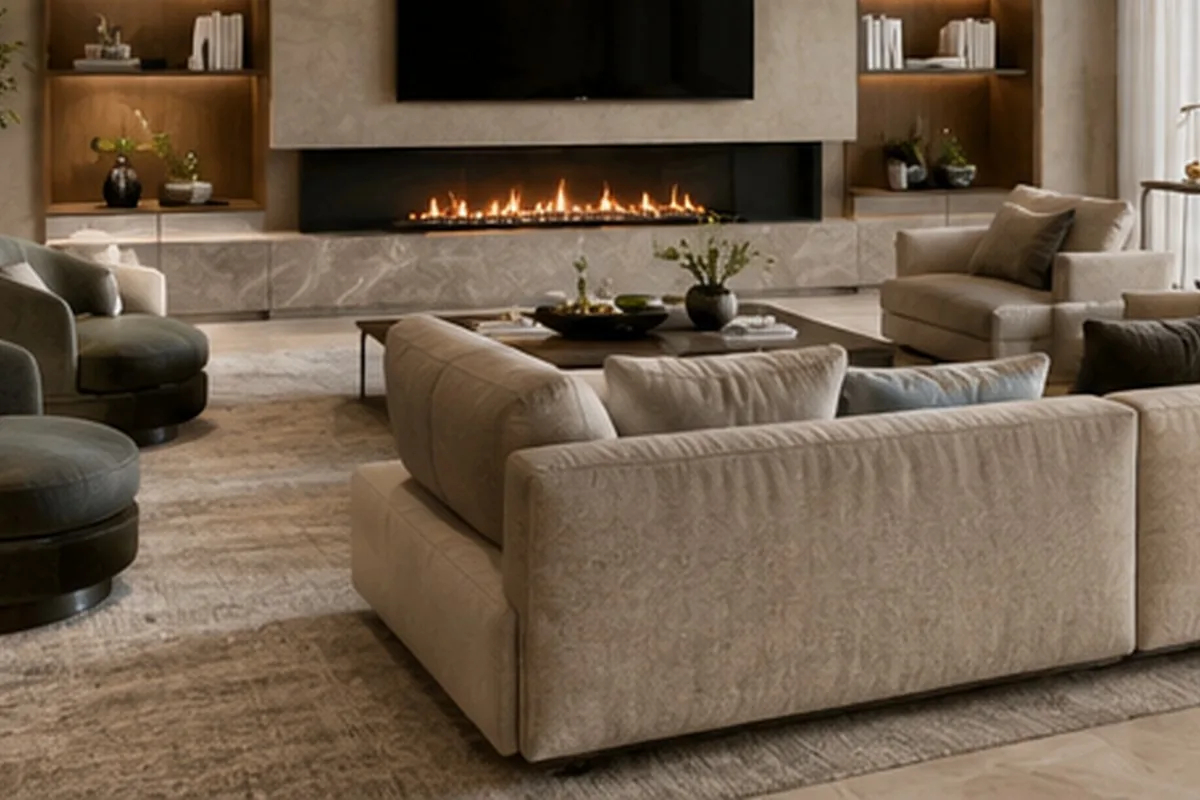 Furniture zoning in a luxury open concept living room