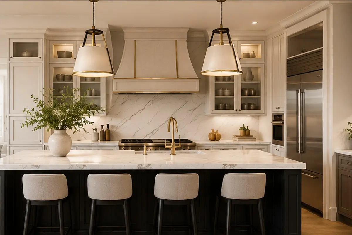 Open-plan luxury kitchen with island seating and connected living space
