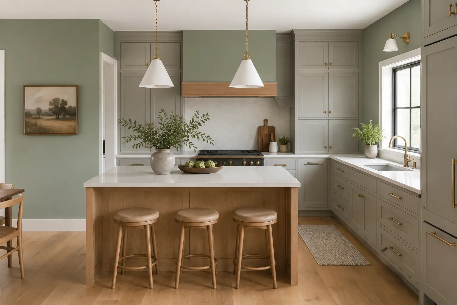 Muted sage green walls with neutral gray kitchen cabinets and white oak island