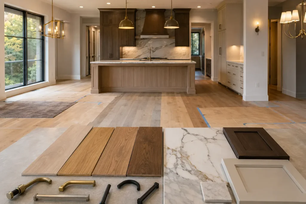 Mismatched wood, stone and metal samples in a luxury home renovation