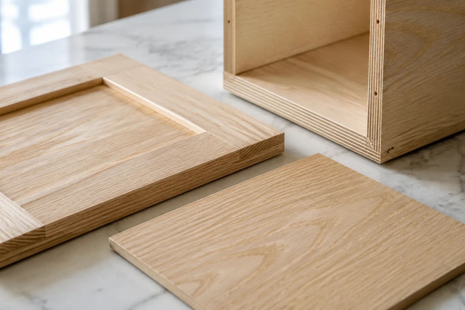 Solid ash, ash veneer, and plywood cabinet construction samples