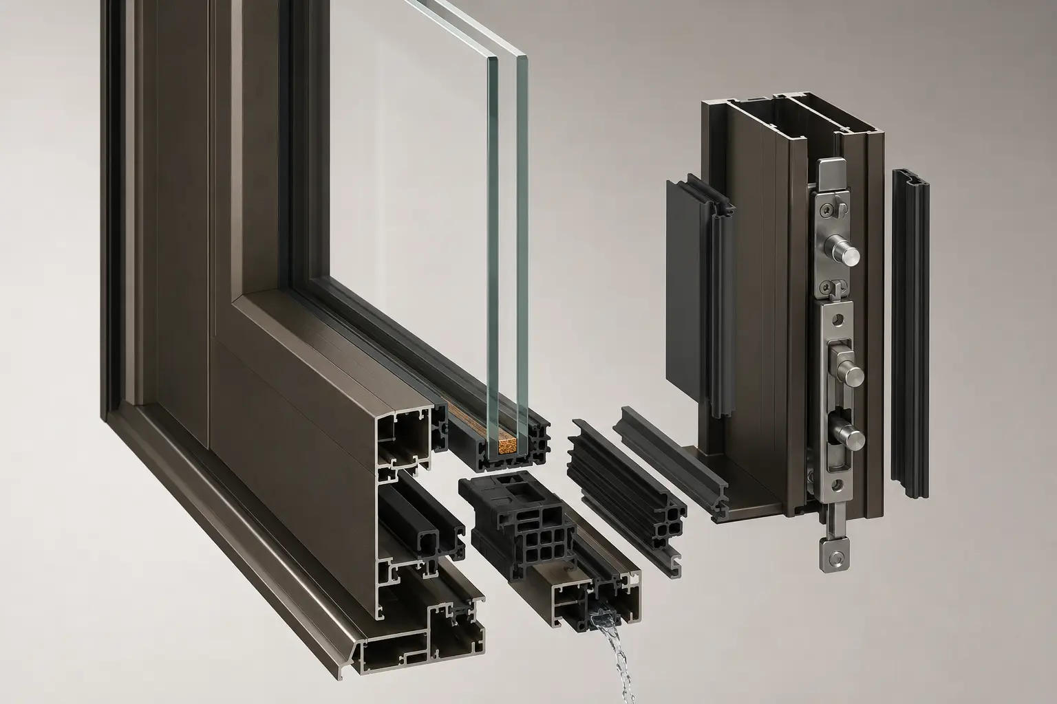 Exploded view of a thermally broken aluminum window and insulated glass system