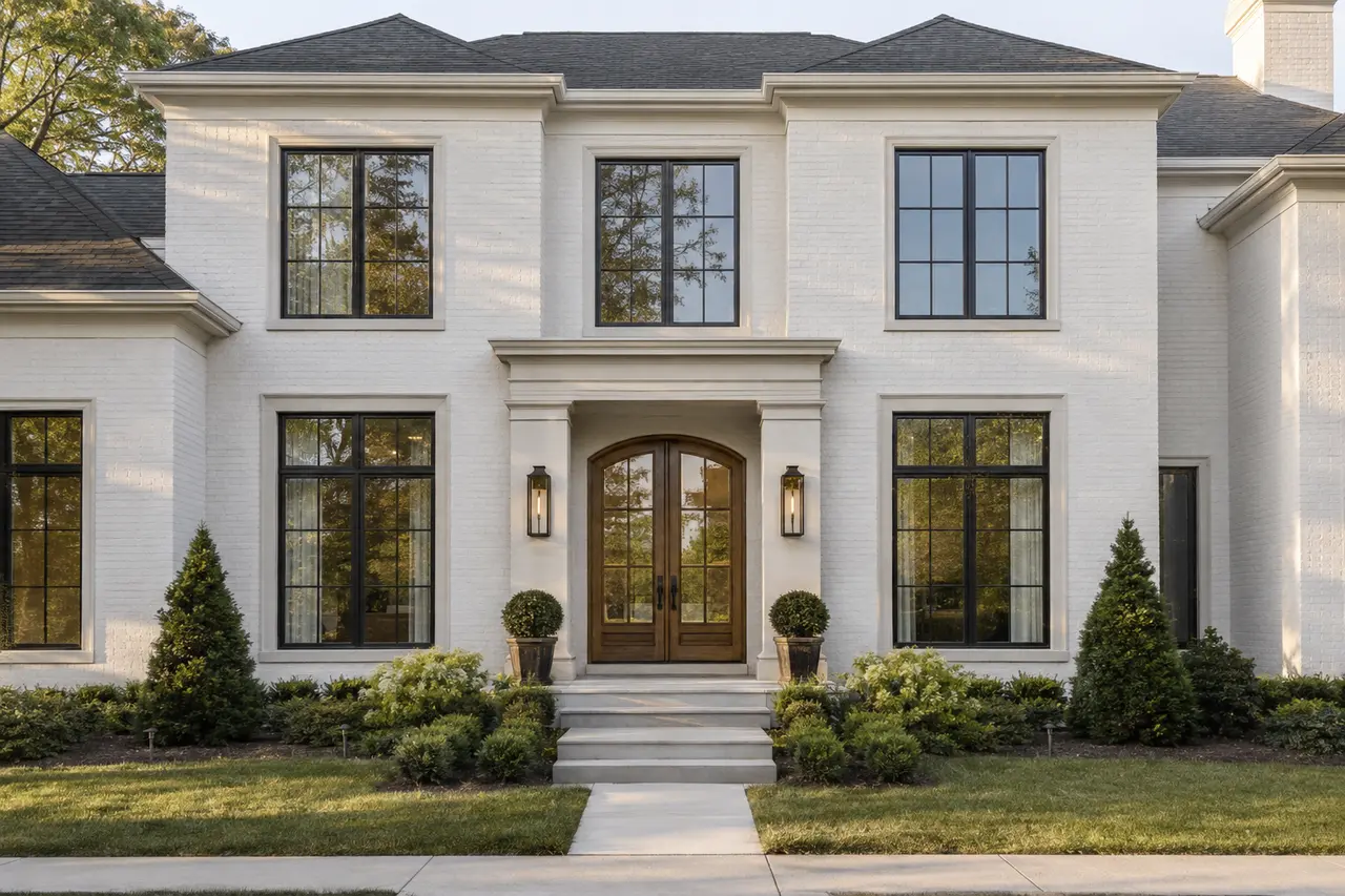 Transitional luxury home with coordinated divided-light windows and entry doors