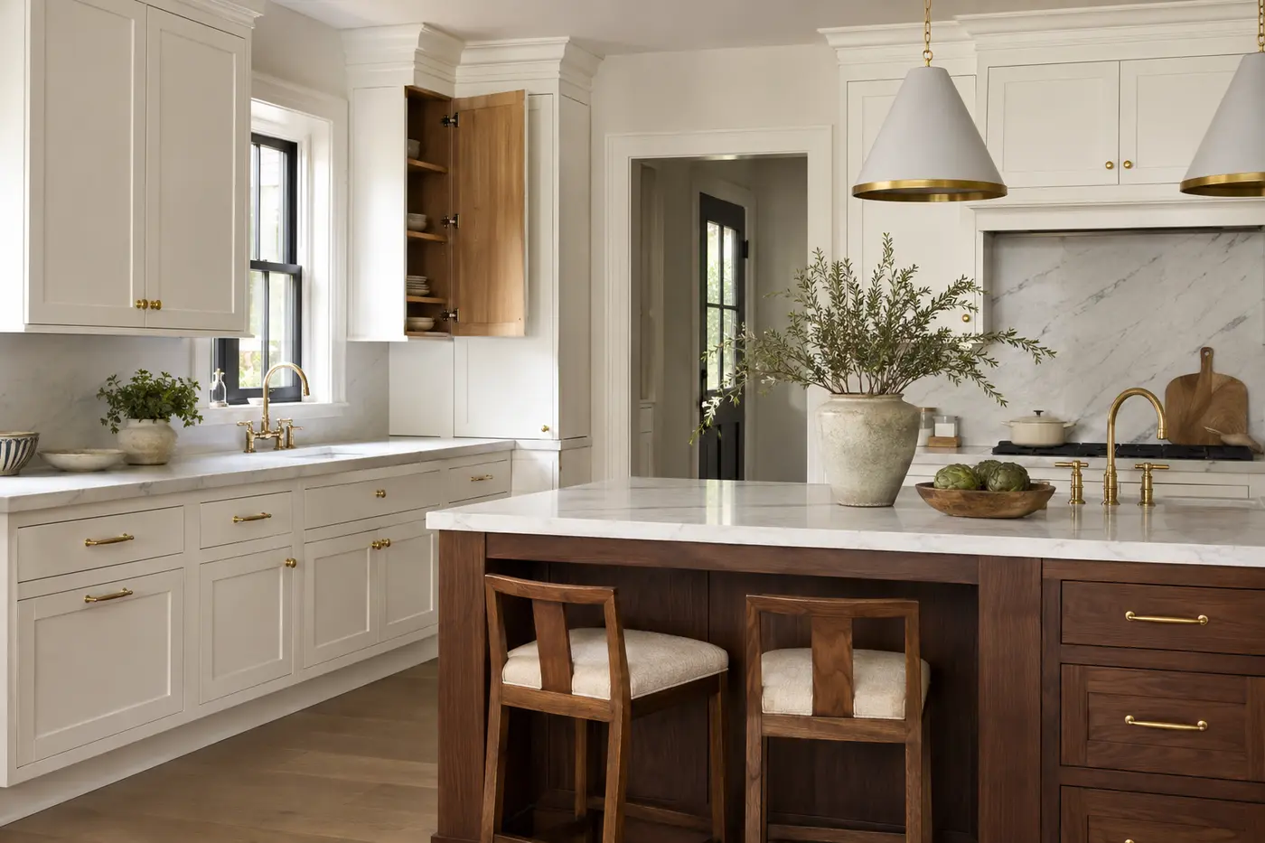 transitional luxury kitchen with wood and painted cabinets