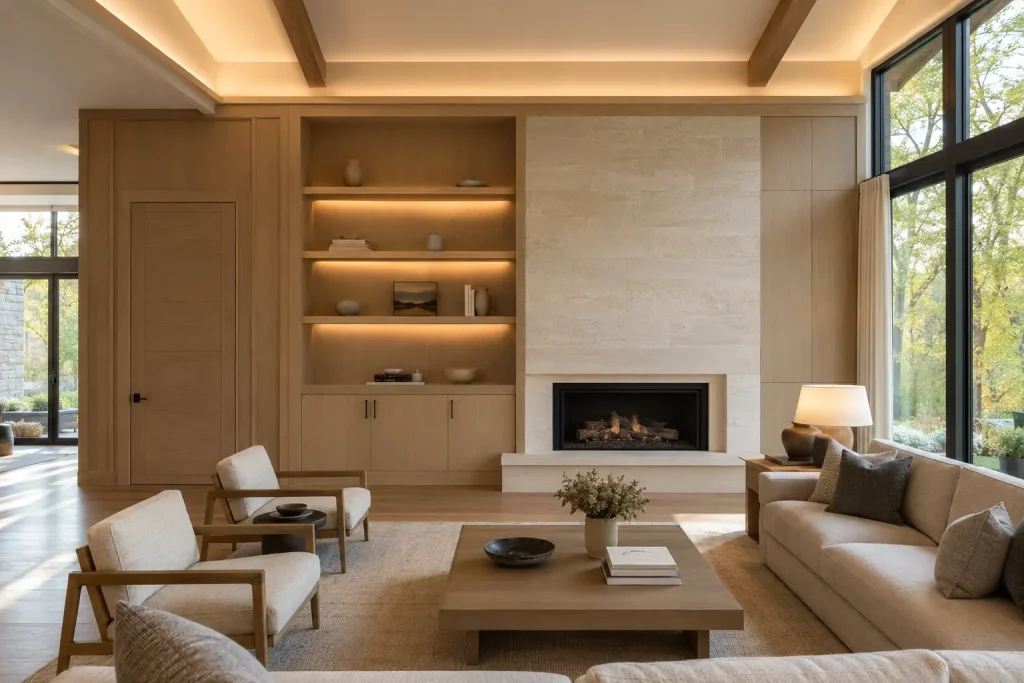 Unified material plan in an American luxury living room