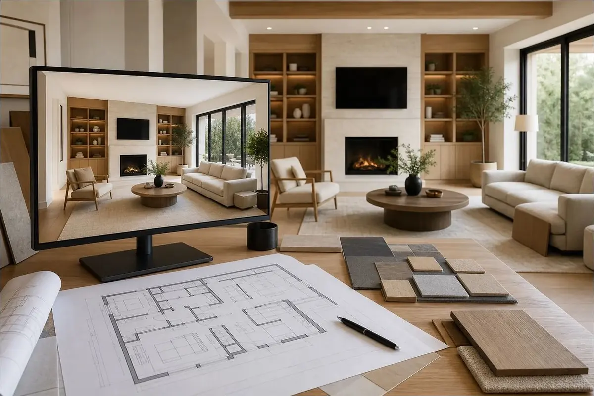 Floor plan, material samples, and a coordinated 3D interior design