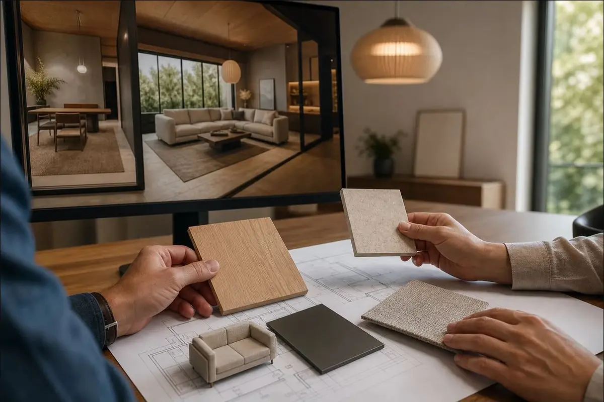 Virtual interior design team reviewing material samples and a 3D home design