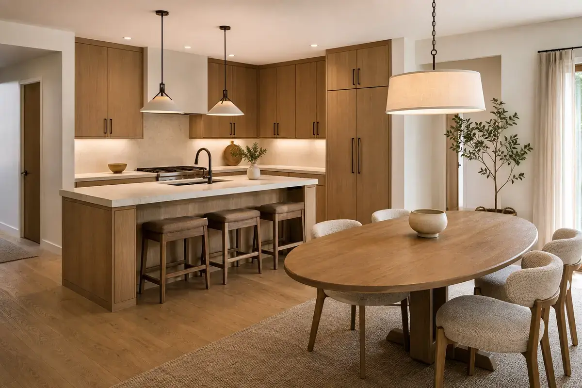 Warm modern kitchen and dining area with layered lighting