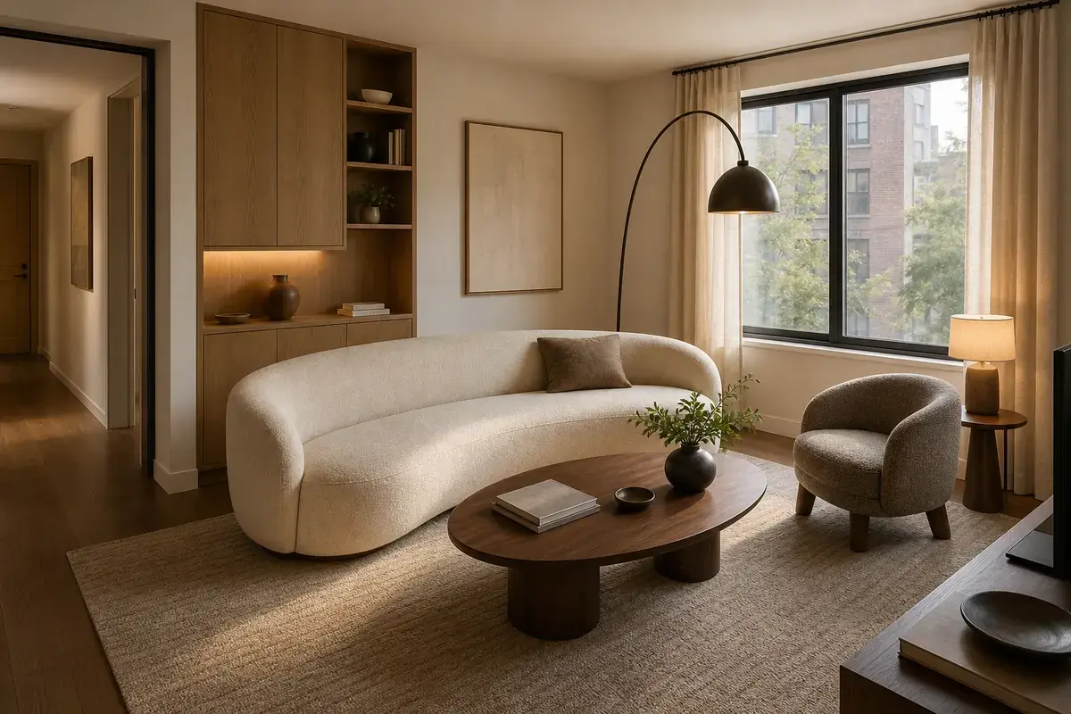 Warm modern living room layout with curved furniture and layered lighting
