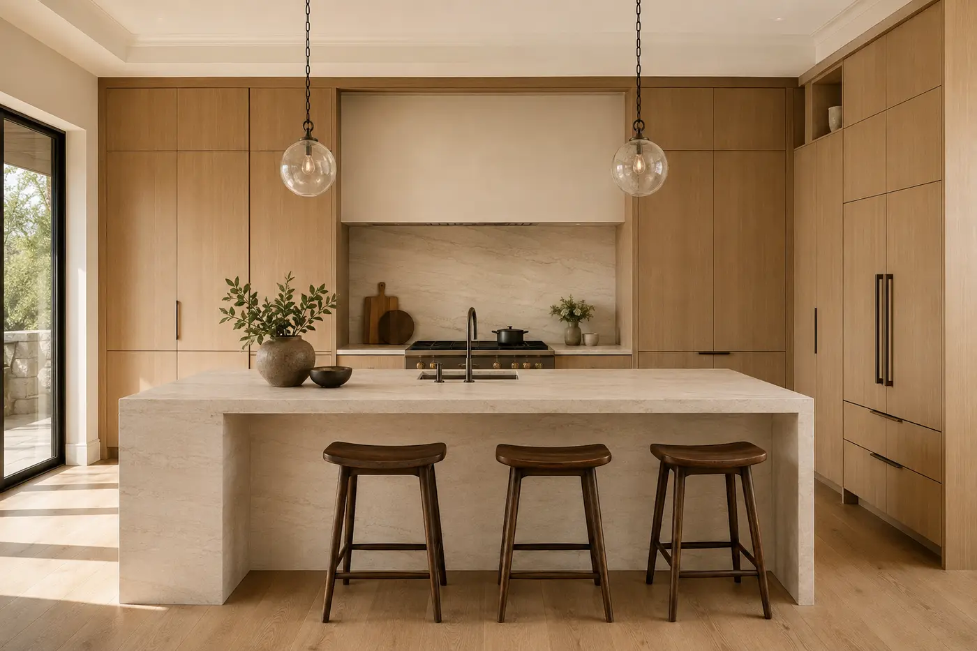 warm modern kitchen with rift-cut white oak veneer cabinets