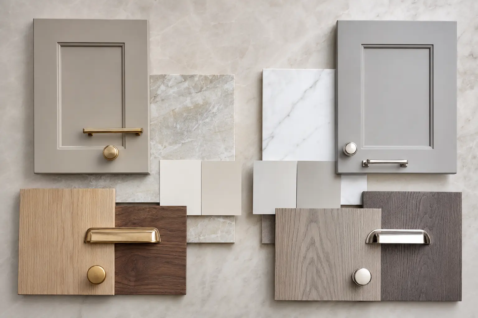 Warm-gray and cool-gray kitchen material palettes with stone, wood and hardware