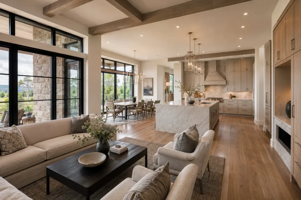 Whole home design with coordinated cabinetry, stone, windows, furniture and lighting