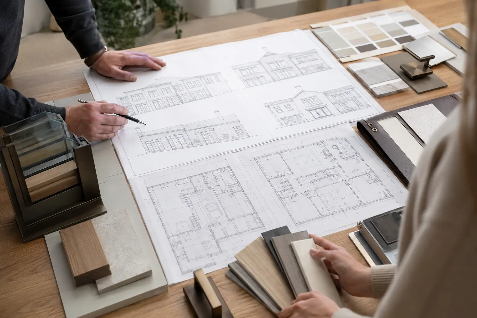 Architectural drawings and finish samples used to prepare a window and door schedule