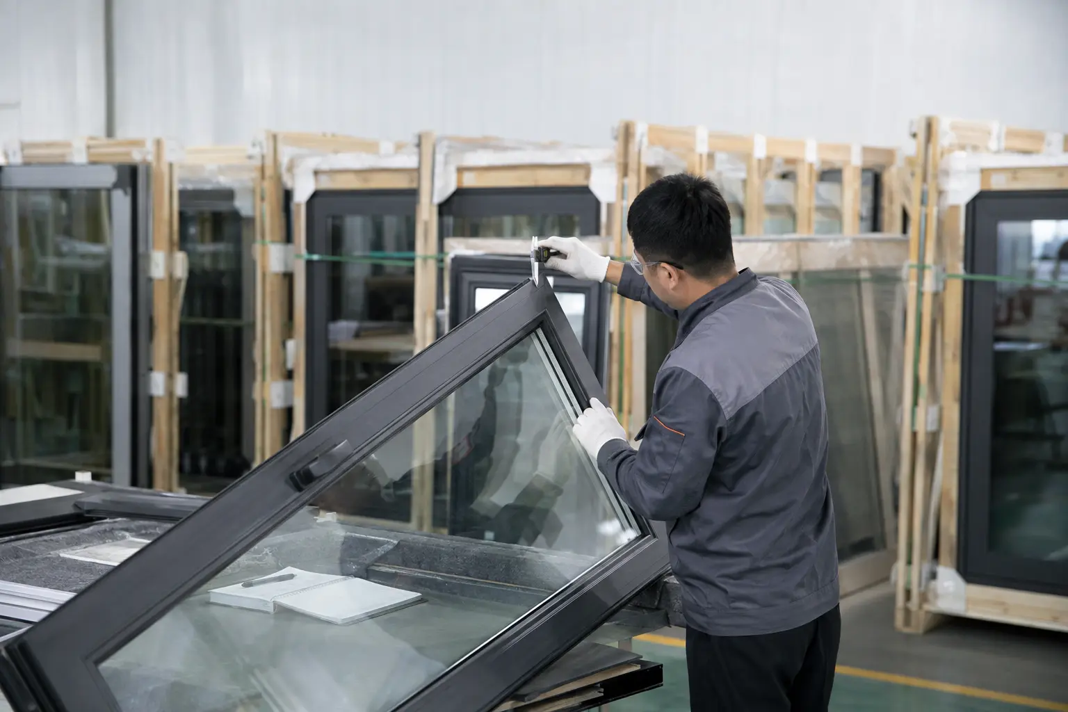 Technician inspecting a custom aluminum window before export