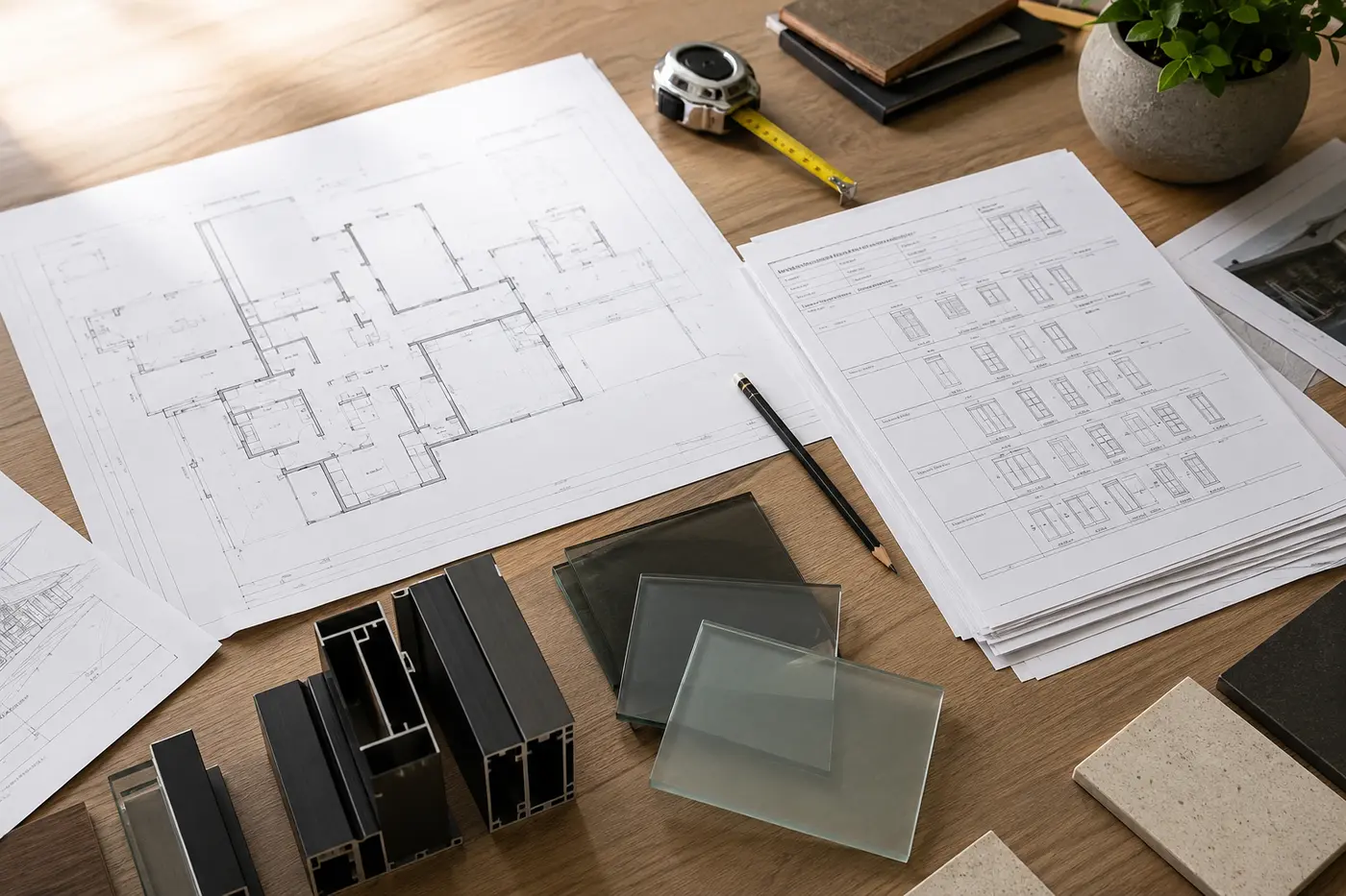 Window schedule, floor plans, frame samples, and glass options for a custom order