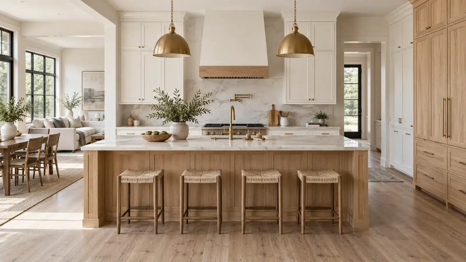 White oak and painted white kitchen cabinets in a 2026 American kitchen