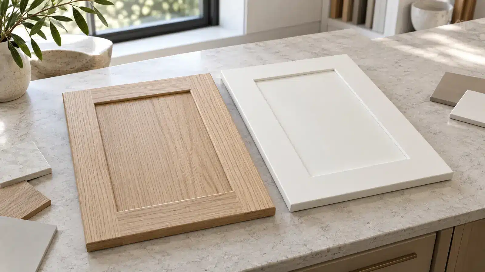 Natural white oak and warm painted white cabinet door samples in daylight