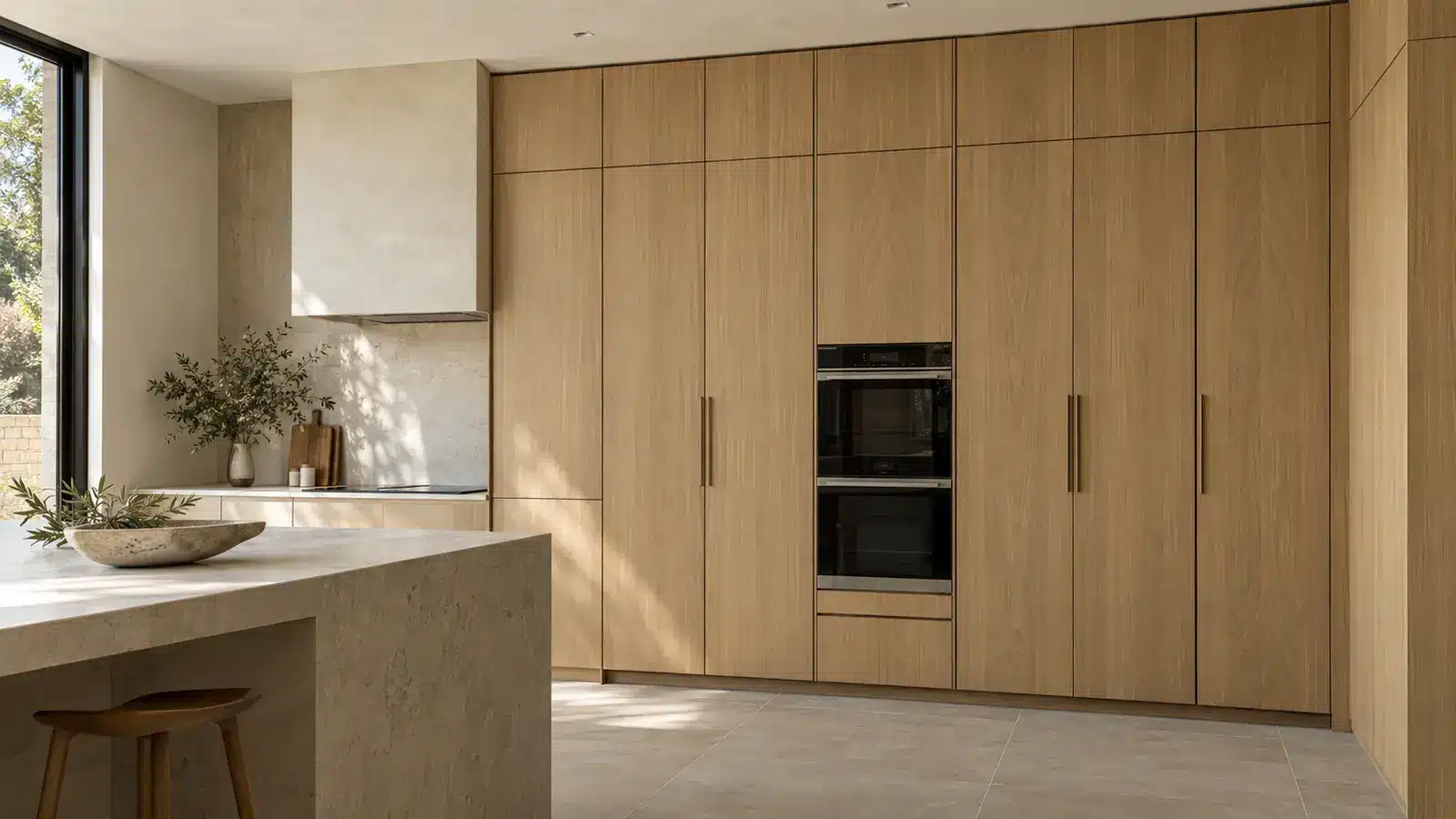 Rift-cut white oak cabinet wall with controlled grain sequencing